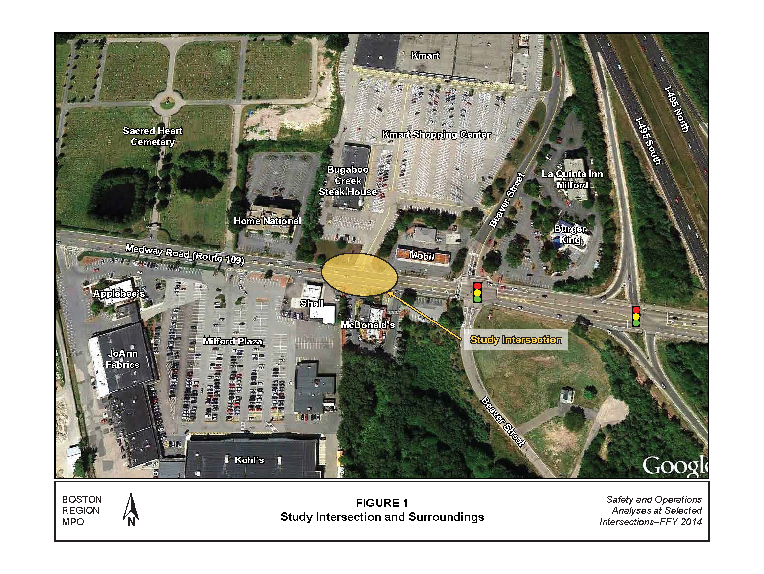 FIGURE 1. Aerial-view map of the study intersection, citing locations of existing traffic signals and surrounding businesses.